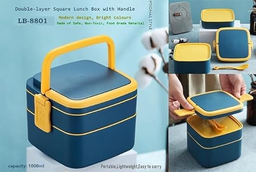 Double-Layer Airtight Square Lunch Box With Handle, 2 Compartment Tiffin With Handle & Push Lock